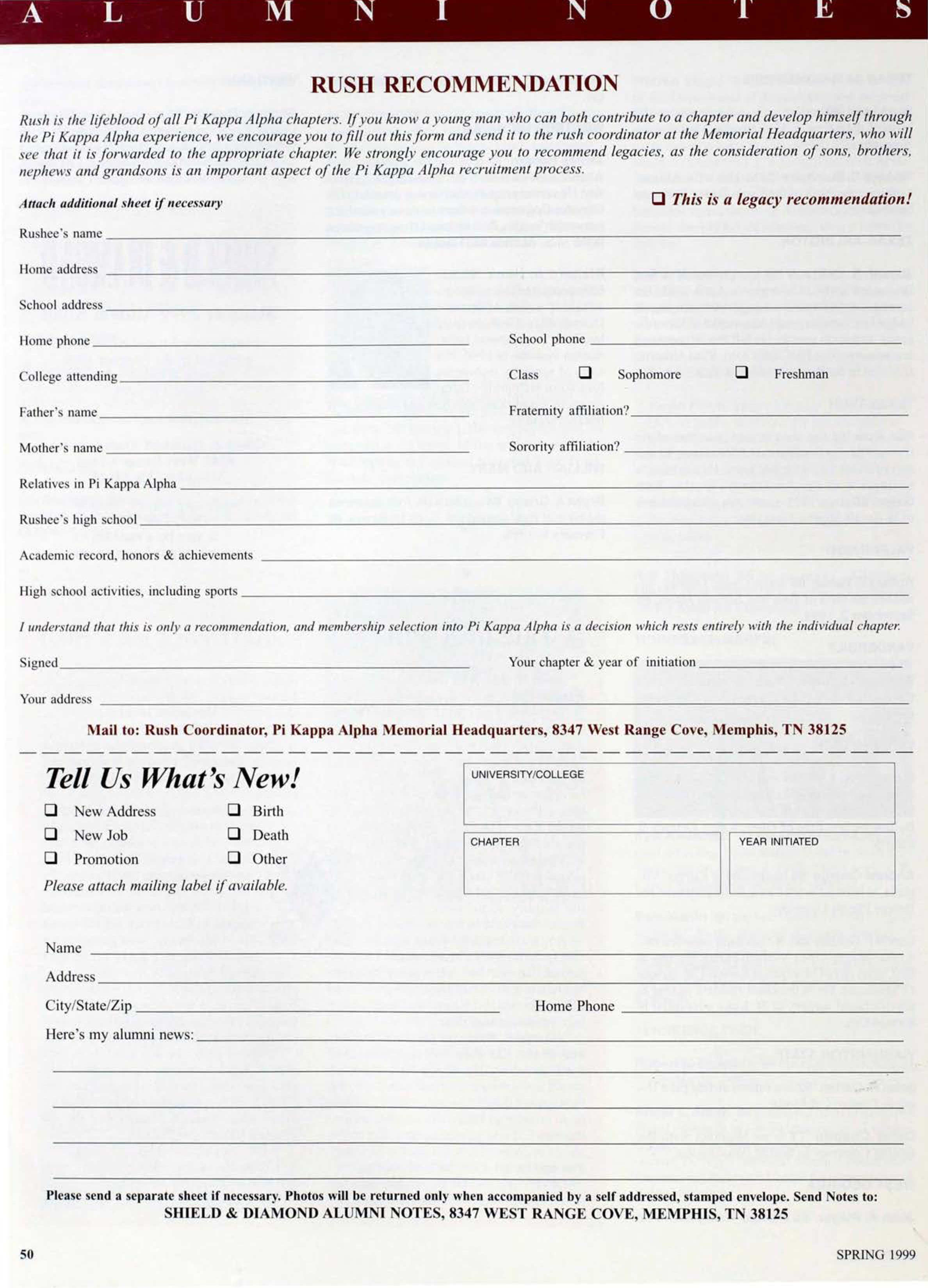 Alumni Notes: Rush Recommendation, Spring 1999